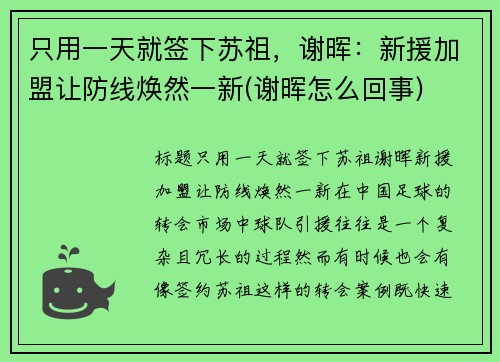 只用一天就签下苏祖，谢晖：新援加盟让防线焕然一新(谢晖怎么回事)