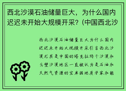 西北沙漠石油储量巨大，为什么国内迟迟未开始大规模开采？(中国西北沙漠地区煤炭的优点)