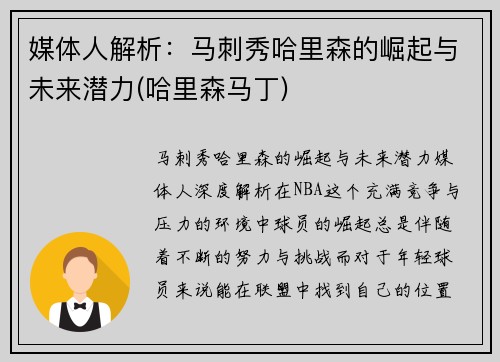 媒体人解析：马刺秀哈里森的崛起与未来潜力(哈里森马丁)