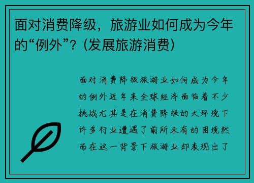 面对消费降级，旅游业如何成为今年的“例外”？(发展旅游消费)