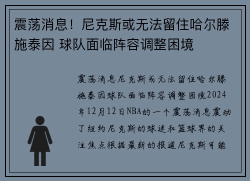 震荡消息！尼克斯或无法留住哈尔滕施泰因 球队面临阵容调整困境